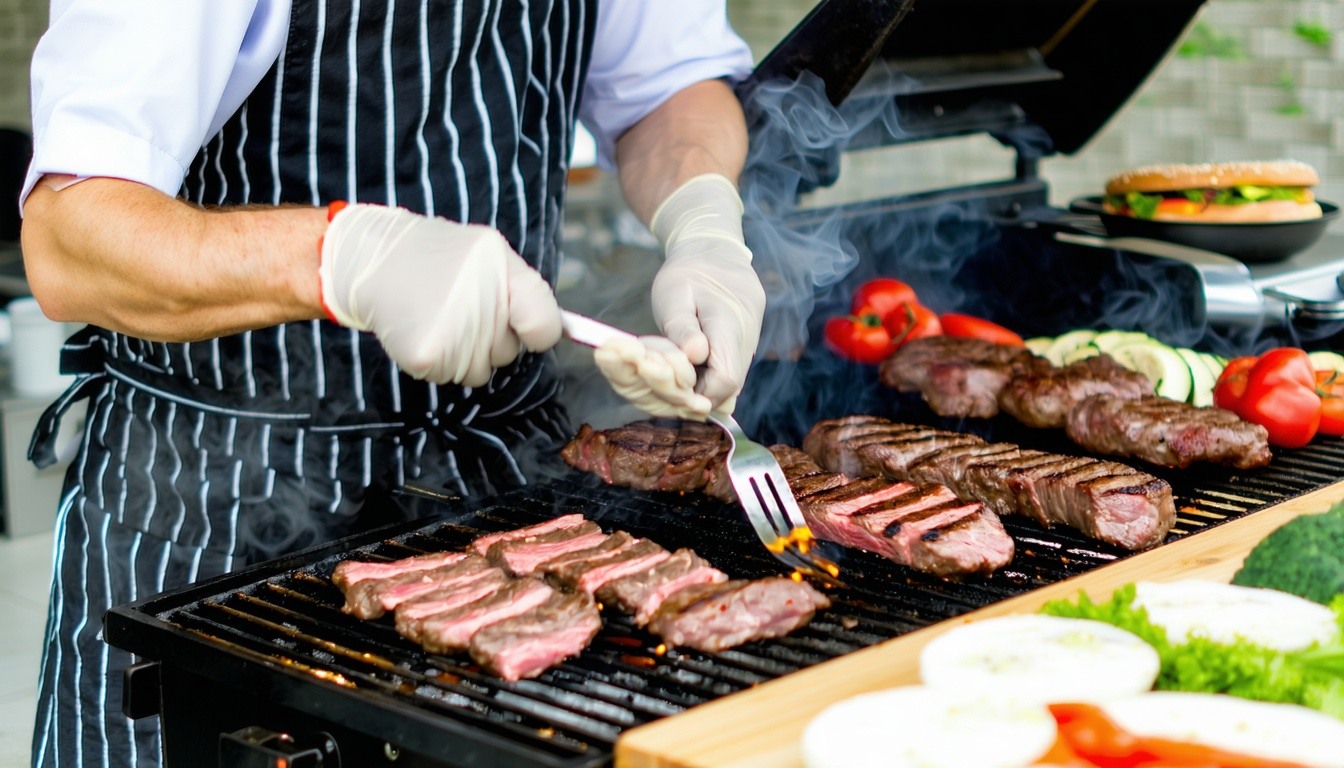 BBQ class in session with an instructor demonstrating grilling techniques.