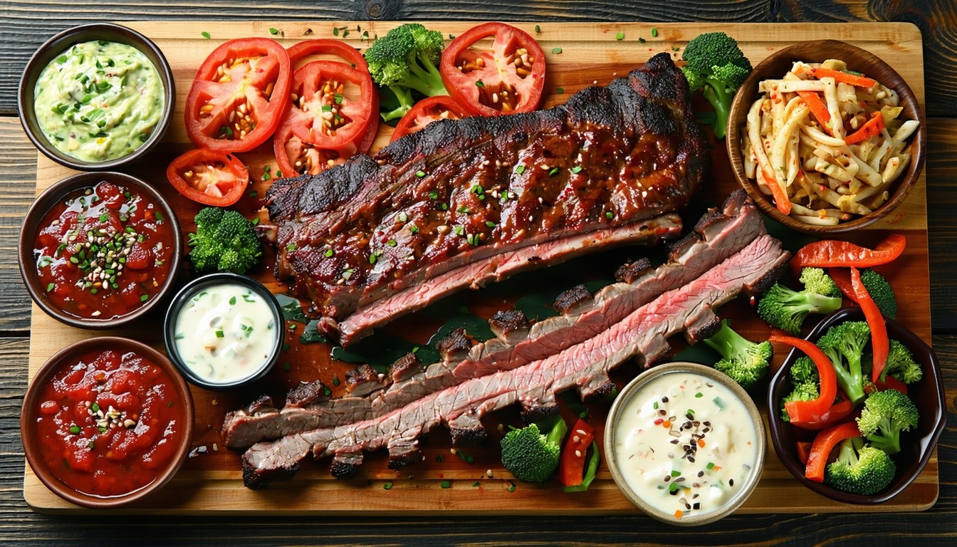 A beautifully arranged BBQ platter with ribs, brisket, and sides ready to be served.