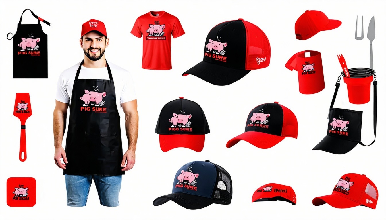 A collection of Pig Sure Perfect BBQ merchandise including hats and aprons.