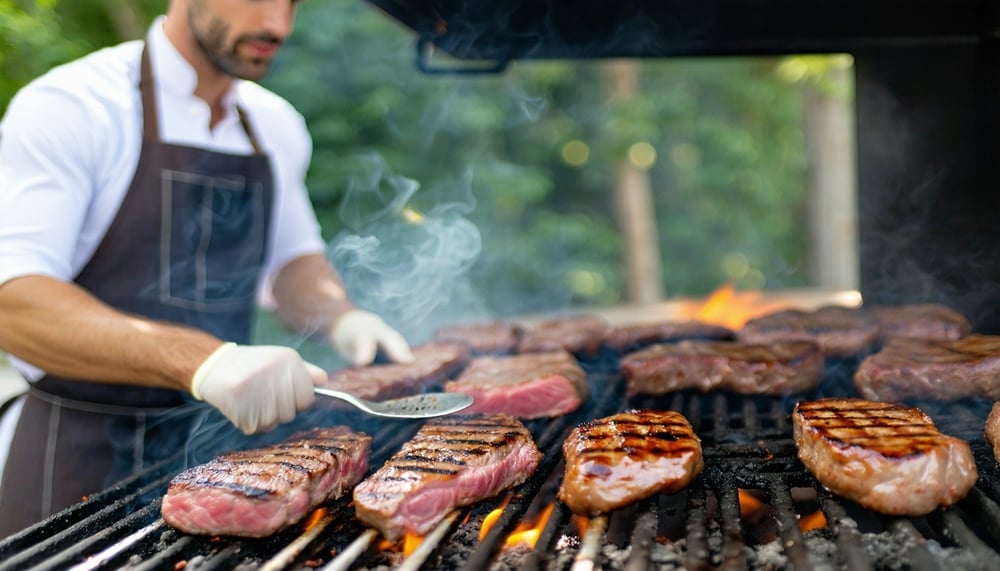 A grill master teaching a BBQ class with delicious meats on the grill A grill master teaching a BBQ class with delicious meats on the grill